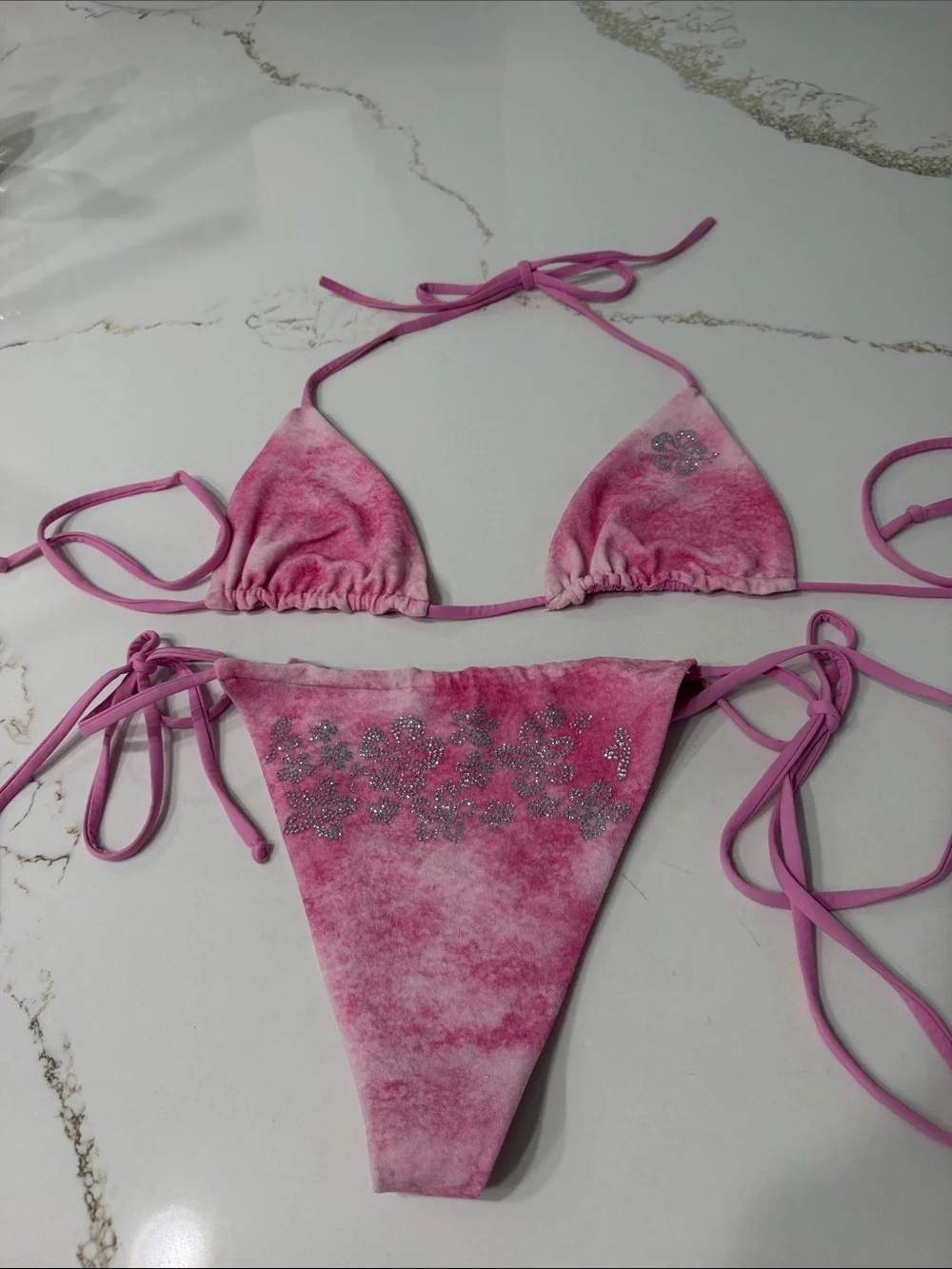 Frankies Bikinis Tia Terry Bikini Set in Pink Dye with Hibiscus Rhinestones  | L